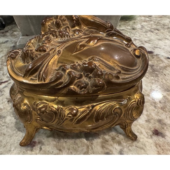 Vintage Ornate Gold Tone Filigree Trinket Jewelry Box with Figural Lid - Picture 2 of 14